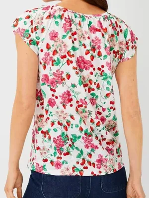 ANN TAYLOR Floral Mixed Media Ruffle Sleeve Tie Neck Shell Top White Strawberry thumbnail 4