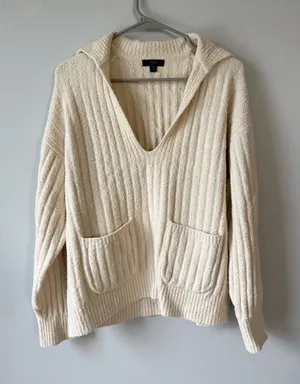 J. Crew Cozy Cream V-Neck Hooded Sweater with Pockets Ribbed Beige Cream Size M thumbnail 1