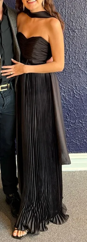Black Pleated Formal Maxi Dress with Scarf thumbnail 1