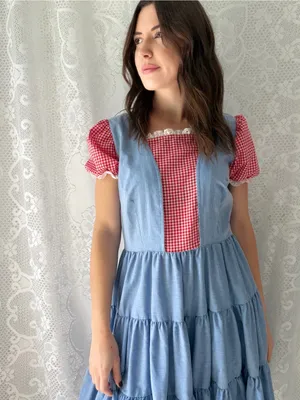 Vintage Handmade Blue Red Gingham Prairie Dress Cottagecore Puff Sleeve thumbnail 9