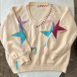 POL Patchwork Star Sweater - Beige V Neck Thick Knit Size Medium thumbnail 3