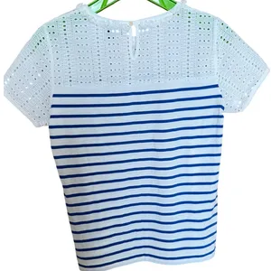 J.Crew Womens XS Mixed Media Eyelet Lace Striped Short Sleeve Top Blue White thumbnail 2