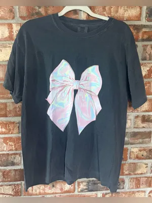 Comfort Colors Pepper Tee with Iridescent Pink Bow Graphic thumbnail 1