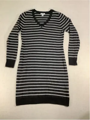 Old Navy Striped V-Neck Long Sleeve Knit Sweater Dress Grey Size Medium Dress thumbnail 1
