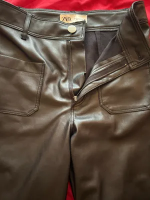 ZARA Leather Pants High-Rise Wide-Leg Black Faux thumbnail 2