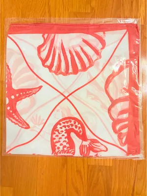 Coral Red and White Sea-Themed Satin Polyester Scarf with Mermaid and Shell Moti thumbnail 4