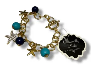 Occasionally Made Goldtone Starfish Charm Bracelet‎ Nautical Coastal Beads NWT thumbnail 1