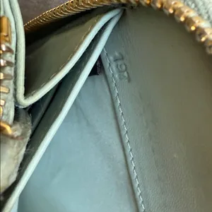 Miu Miu Metallic Gold Croc-Embossed Wallet with light blue interior. thumbnail 5