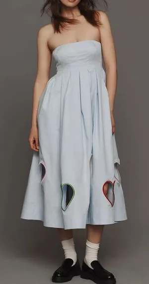 Anthropologie Mare Mare Strapless Cut-Out Hearts A-Line Midi Dress Light Blue thumbnail 1