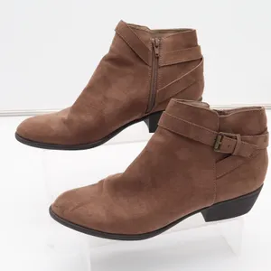 Voss Womens Brown Faux Suede Ankle Booties Side Zip Buckle Strap Size 10 thumbnail 1