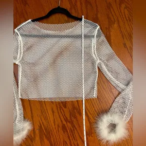 White Mesh T-shirt with Rhinestones Sheer White Mesh Top thumbnail 4