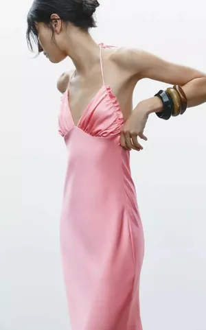 Zara Maxi dress Pink Satin ruffle bodycon party wedding summer evening thumbnail 9
