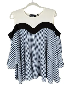 P. Luca Milano Women's Off The Shoulder Gingham Tiered‎ Ruffle Blouse Size L NEW thumbnail 1