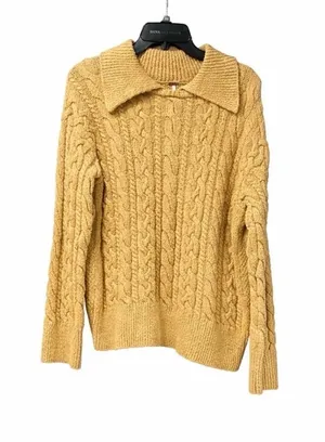 Free People Mustard Yellow Cable Knit Collared Pullover Sweater Women's Size XS‎ thumbnail 1