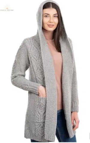 SAOL 100% Merino Wool Women's Aran Open Front Long Cardigan Sweater Irish Cable thumbnail 1