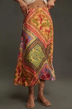 Farm Rio Mixed Scarves Satin Slip Midi Skirt, Size XS thumbnail 3