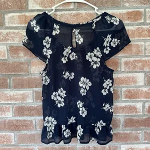 Hollister Sheer Cap Sleeve Keyhole Back Floral Blouse Medium Navy thumbnail 5