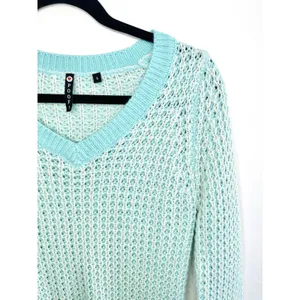 POOF! Womens Size S Open Knit V-Neck Sweater Aqua Blue White Hi-Low Boho Coastal thumbnail 4