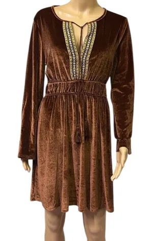 Luukse Brown Boho Velour Embroidered Tie Neck Tassel Mini Midi Dress Medium thumbnail 1