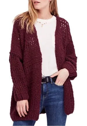 ✨Free People Saturday Morning Knit Oversized Maroon Cardigan Cardi Sweater✨ thumbnail 1