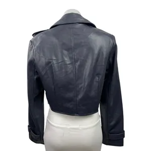 7 For All Mankind Black Faux Leather Vegan Cropped Biker Moto Coat Jacket Size M thumbnail 3