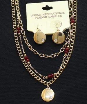 NWT Triple Chain Layer Disc Pendant Earring Necklace Set Gold / Red 16" + 3" thumbnail 1