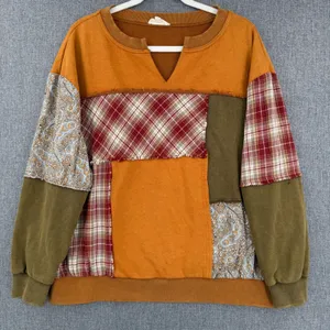 Oli & Hali Patchwork Distressed Pullover Sweatshirt Plaid Paisley Boho Fall Sz S thumbnail 1