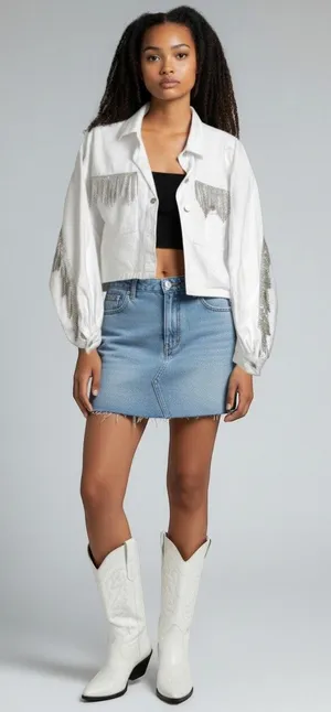 White Fox Women's M/L White Denim Rhinestone Fringe Cropped Western Jacket thumbnail 1