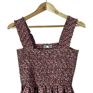 Pleione Smocked Ditsy Floral Peplum Tank Top Burgundy Boho Ruffle Strap Size M thumbnail 3