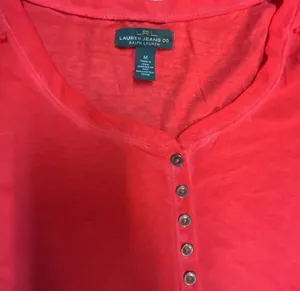 Lauren Jeans Co. Ralph Lauren Women's Red Henley Shirt with Crochet Shoulder Det thumbnail 4