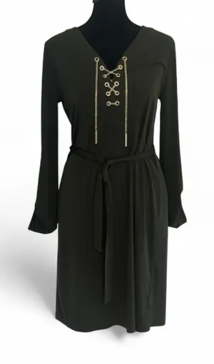 Michael Kors Olive Lace Up Belted Long Sleeve Shift Dress Size S thumbnail 1