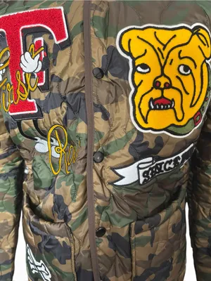 First Row Camo Quilted Bomber Jacket Bulldog Embroidered Patches Small thumbnail 3