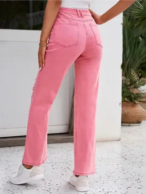 Lookbook Store Pink NWOT High-Rise Distressed Stretchy Wide-Leg Jeans thumbnail 2