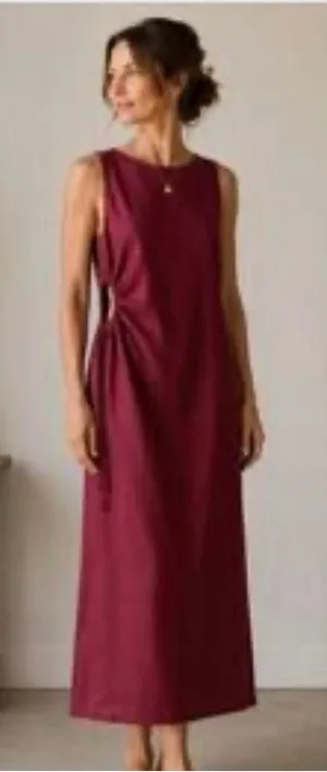Magaschoni Womens Burgundy 100% Linen Side Cutout Drawstring Maxi Dress Size 6 thumbnail 1