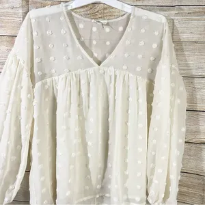 Anthropologie Entro semi-sheer polka dot textured loose fit cream blouse Size Medium thumbnail 6