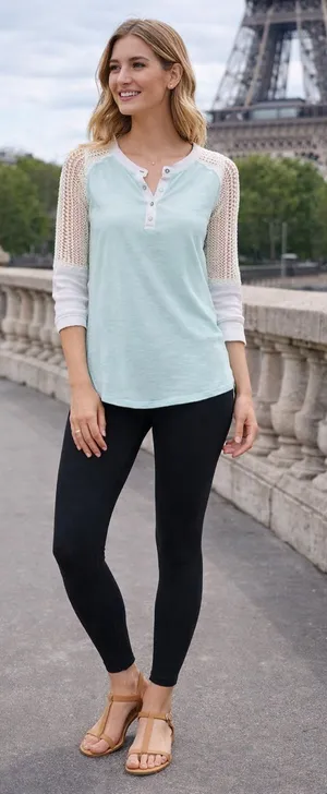POL Mixed Media Patchwork Lace Henley Top - Mint Green Size M thumbnail 1