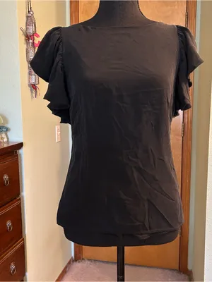 Ann Taylor black silk blouse ruffle flutter short sleeves size S minimalist thumbnail 1