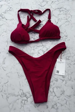 NEW Quince Cherry Red Italian Full Coverage Ring Triangle Bikini Top & Bottom M thumbnail 1