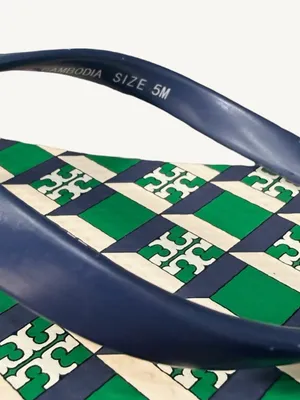Tory Burch Green, Navy & White Check Logo Flip Flops Size 5 NWOT thumbnail 8