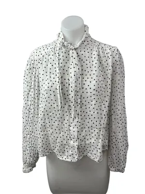 Zara Women's White Polka Dots Balloon Long Sleeve Tie High Neck Blouse Top Sz L thumbnail 1