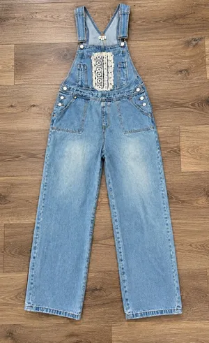 POL Light Wash Denim Overalls Size M Crochet Lace Wide Leg Boho thumbnail 1