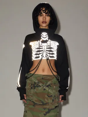 Dolls Kill Trickz N' Treatz Flesh N' Bones Reflective Skeleton Hoodie w Chains S thumbnail 12
