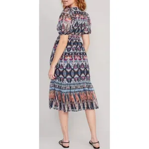 Old Navy A-Line Southwestern Midi Dress Tiered Womens Sz L Bubble Sleeve Smocked thumbnail 2