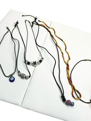 Jewelry lot of 6 necklaces - Painted wooden mushroom pendant, floral hippy, and thumbnail 1