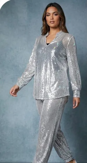 Josey Wynette Silver Sequin Long Sleeve V-Neck Blouse and Matching Jogger Set thumbnail 1