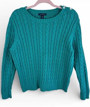 Lands' End Womens XL Teal Green 100% Cotton Cable Knit Shoulder Button Sweater thumbnail 1