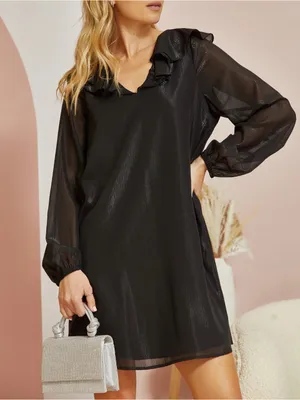 Andree by Unit Black Shimmer Ruffle V-Neck Mini Shift Dress Long Sleeve LBD 2X thumbnail 7