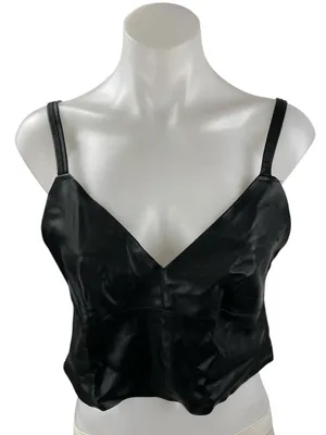 Zara Trafaluc Women's Black Faux Leather Vegan V Neck Cami Tank Crop Top Size L thumbnail 1