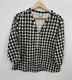 LL‎ Bean Womens XL Black White Gingham Cotton Henley 3/4 Sleeve Top thumbnail 1