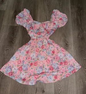 Pink floral dress with blue purple pink flowers thumbnail 1